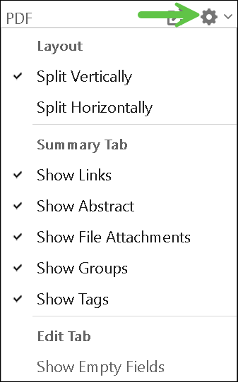 Image of the Reference Panel options list